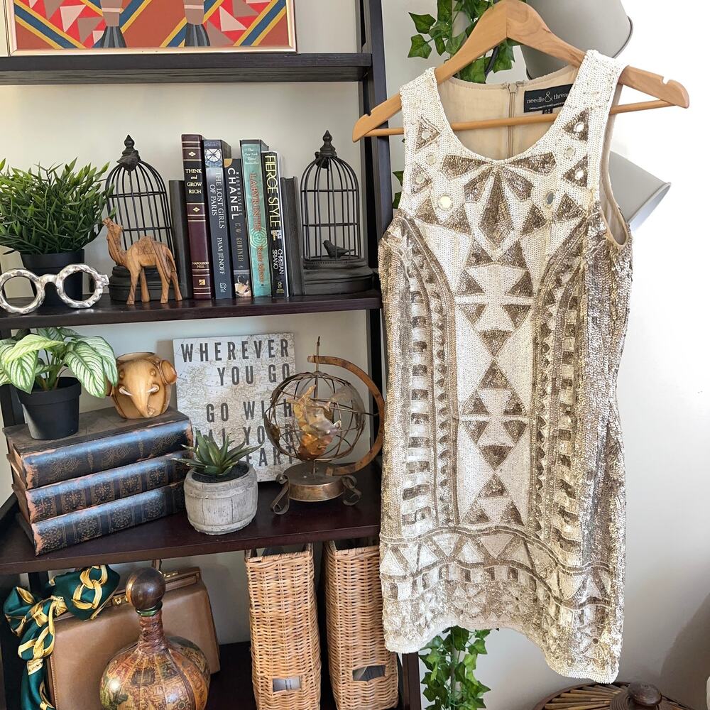 NEEDLE & THREAD Sunstone Mini Dress Gold White Sequins {J39}